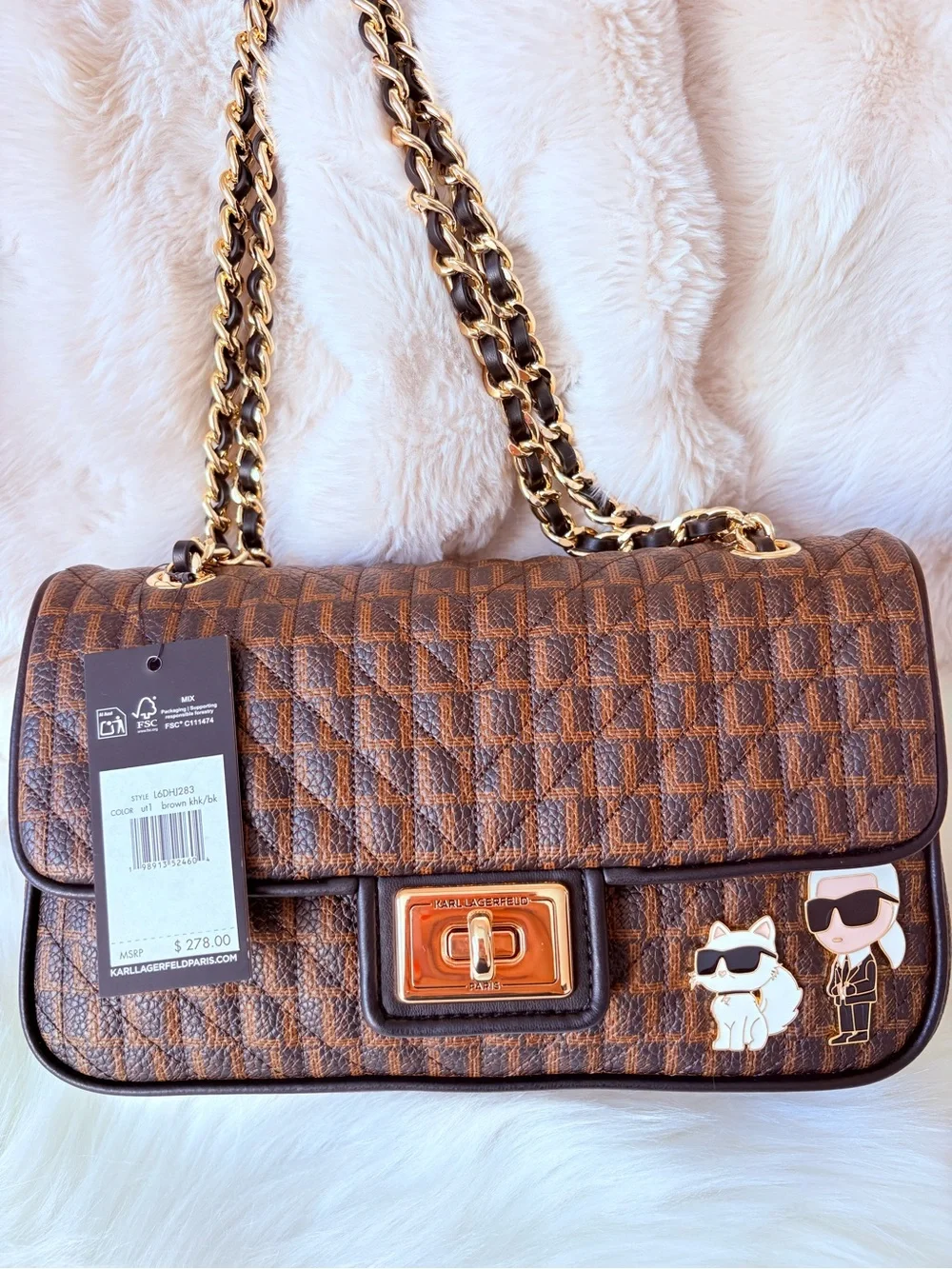 🩷🩷Karl Lagerfeld Brown Checker Quilted Shoulder Bag with Gold Chain🩷🩷